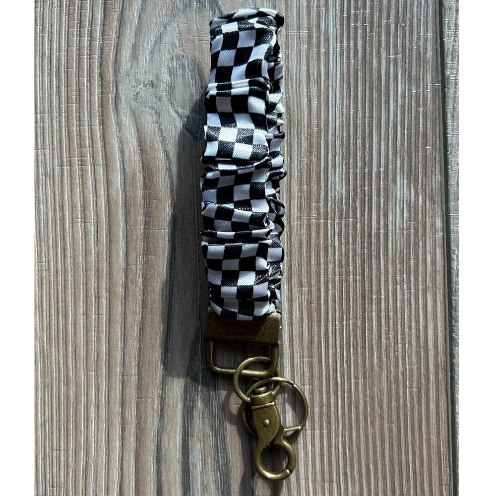 Silky Scrunchie Wristlet Keychain Bag Purse Charm Black White Check Checkered